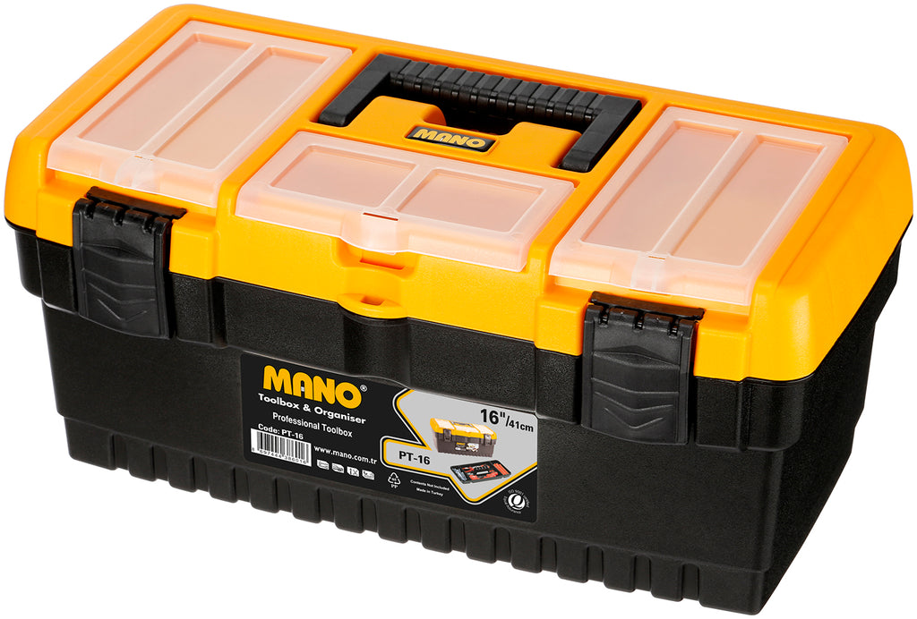 شنطة عدة بلاستيك قفل بلاستيك بحوافظ علوية 16 بوصة مقاس 413×212×186 مم ماركة مانو صناعة تركي