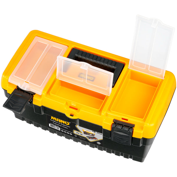 شنطة عدة بلاستيك قفل بلاستيك بحوافظ علوية 16 بوصة مقاس 413×212×186 مم ماركة مانو صناعة تركي