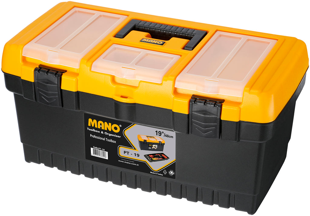 شنطة عدة بلاستيك قفل بلاستيك بحوافظ علوية 19 بوصة مقاس 486×267×242 مم ماركة مانو صناعة تركي